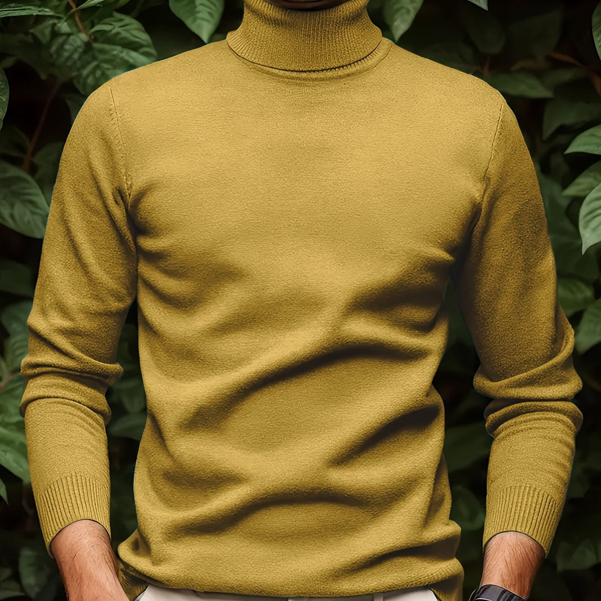 Cross-border New Autumn-Winter Men's Solid Color Turn- Collar Pullover Knit Sweater - Yellowish-brown / NZ 36