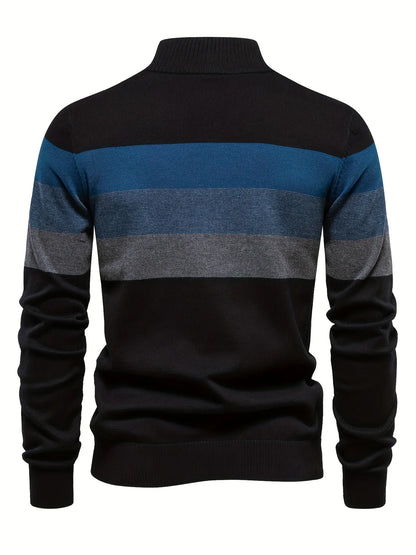 Men'S Thermal Stand Collar Sweater - Winter Knit Sweater with Zipper Closure, Black/Blue/Gray Horizontal Stripes, Regular Fit Pullover for Cold Weather, Formal & Everyday Outfits - Easy Care Sweater for Men, Sweater Zip Up, C