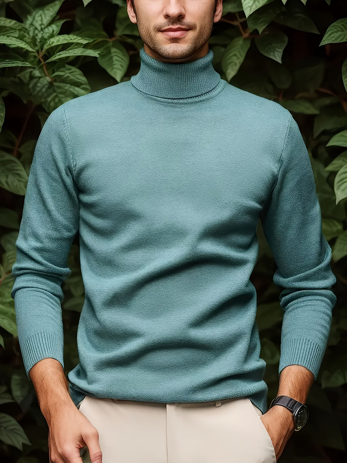 Cross-border New Autumn-Winter Men's Solid Color Turn- Collar Pullover Knit Sweater