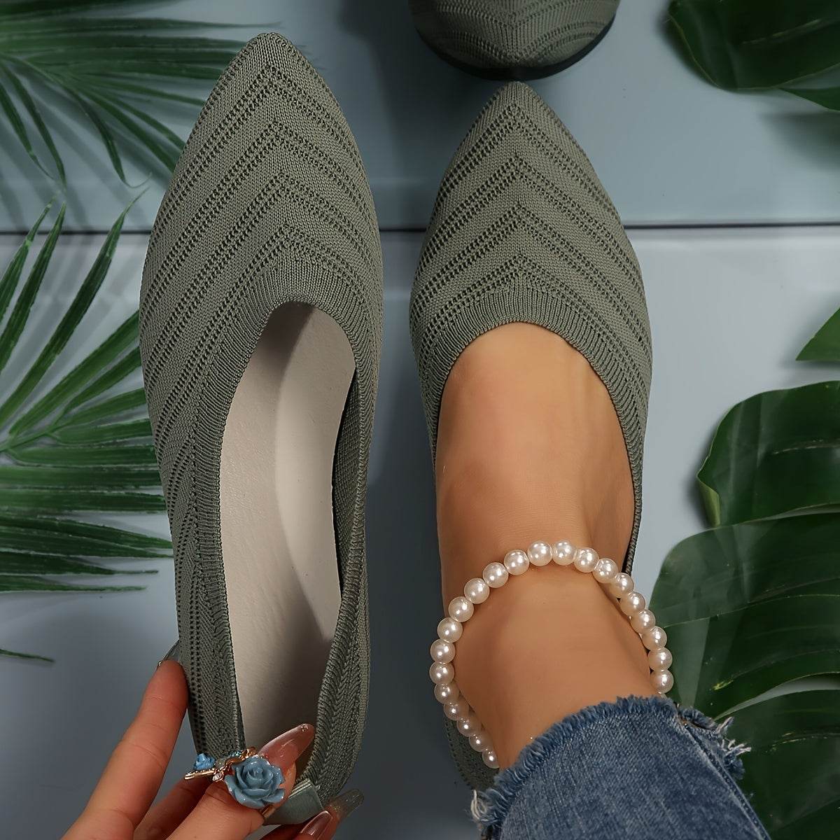 [Pointed Toe Breathable Flats] Women's Pointed Toe Flat Shoes, Solid Color Knitted Slip On Shoes, Casual Breathable Ballet Flats - Montero Milan