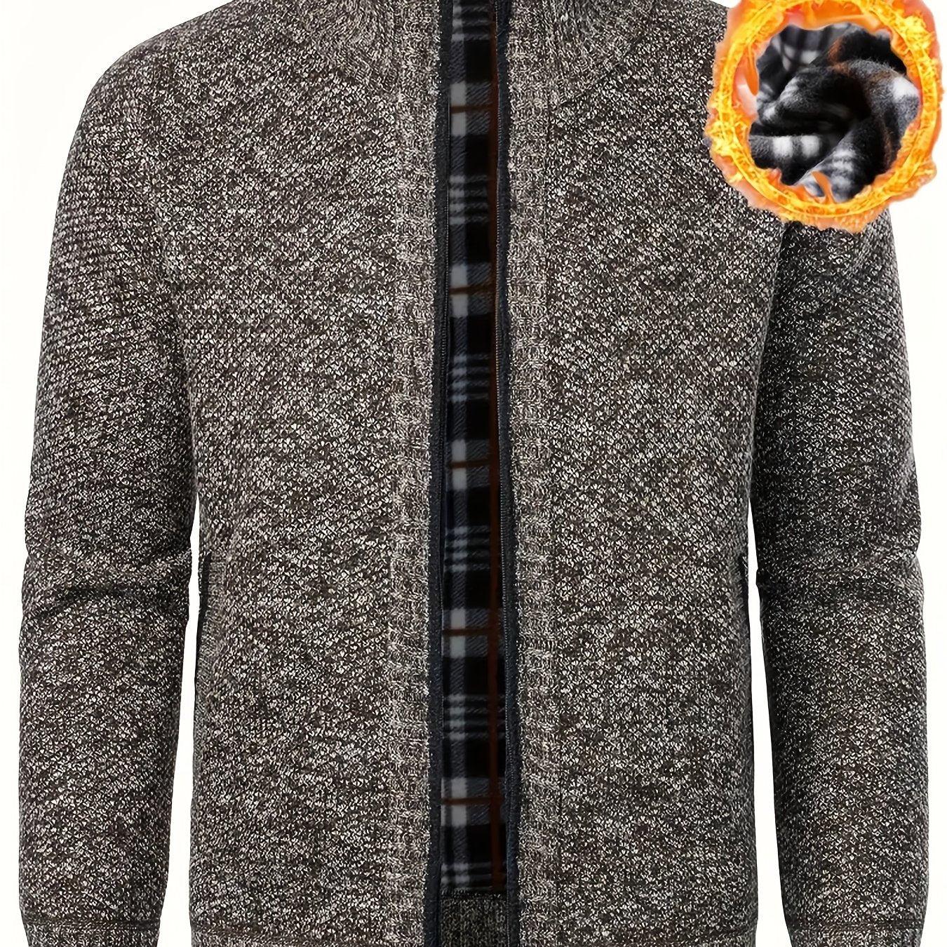 Men'S Thick Fleece Zip-Up Cardigan - Casual Long Sleeve Knit Sweater with Stand Collar, Solid Color, Regular Fit for Fall/Winter, Comfortable Layering Piece, Winter Cardigan, Autumn Outerwear, Modern Casualwear, Durable Fabri