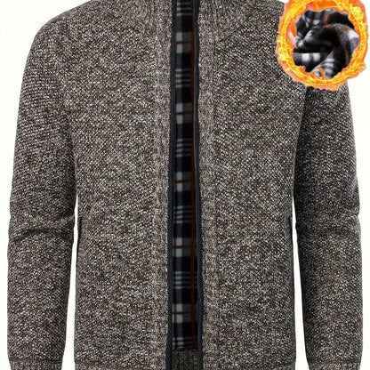 Men'S Thick Fleece Zip-Up Cardigan - Casual Long Sleeve Knit Sweater with Stand Collar, Solid Color, Regular Fit for Fall/Winter, Comfortable Layering Piece, Winter Cardigan, Autumn Outerwear, Modern Casualwear, Durable Fabri