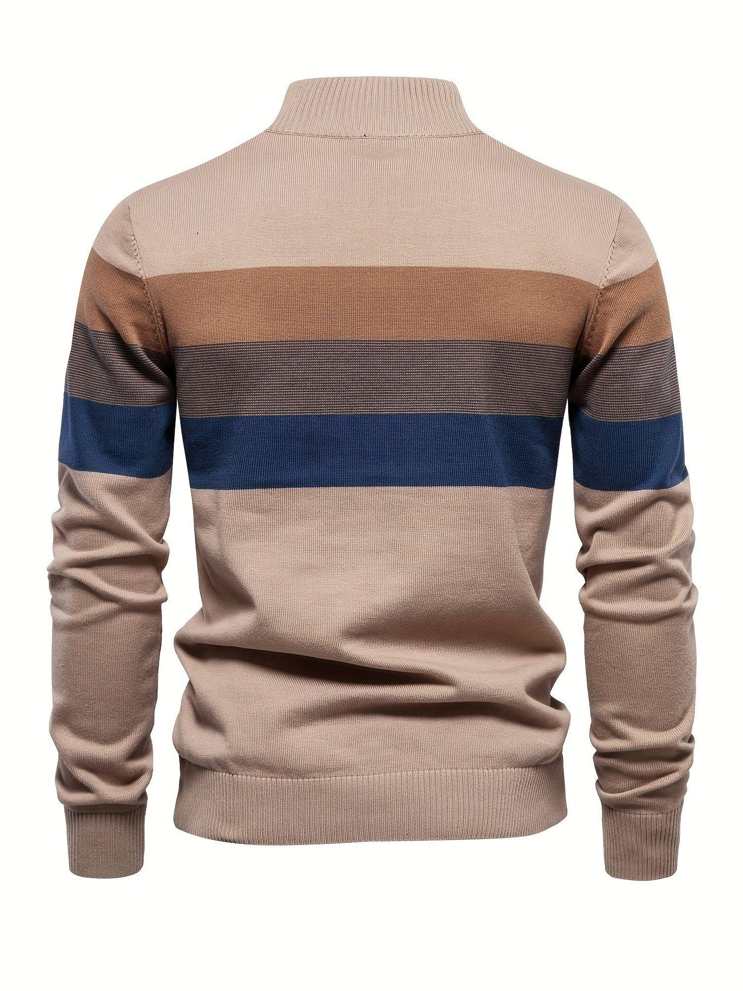 Men'S Thermal Stand Collar Sweater - Winter Knit Sweater with Zipper Closure, Black/Blue/Gray Horizontal Stripes, Regular Fit Pullover for Cold Weather, Formal & Everyday Outfits - Easy Care Sweater for Men, Sweater Zip Up, C