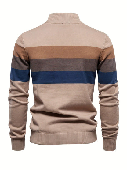 Men'S Thermal Stand Collar Sweater - Winter Knit Sweater with Zipper Closure, Black/Blue/Gray Horizontal Stripes, Regular Fit Pullover for Cold Weather, Formal & Everyday Outfits - Easy Care Sweater for Men, Sweater Zip Up, C