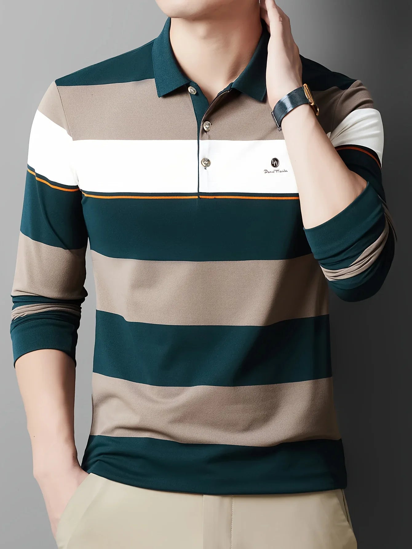 Men'S Long Sleeve Shirt - Formal & Casual Button-Up Shirt with Dark Green & Beige Horizontal Stripes, Button-Front Placket, Non-Stretch Fabric for Office, Golf, Casual Attire - Spring/Fall Wardrobe Essential, Spring Fashion,