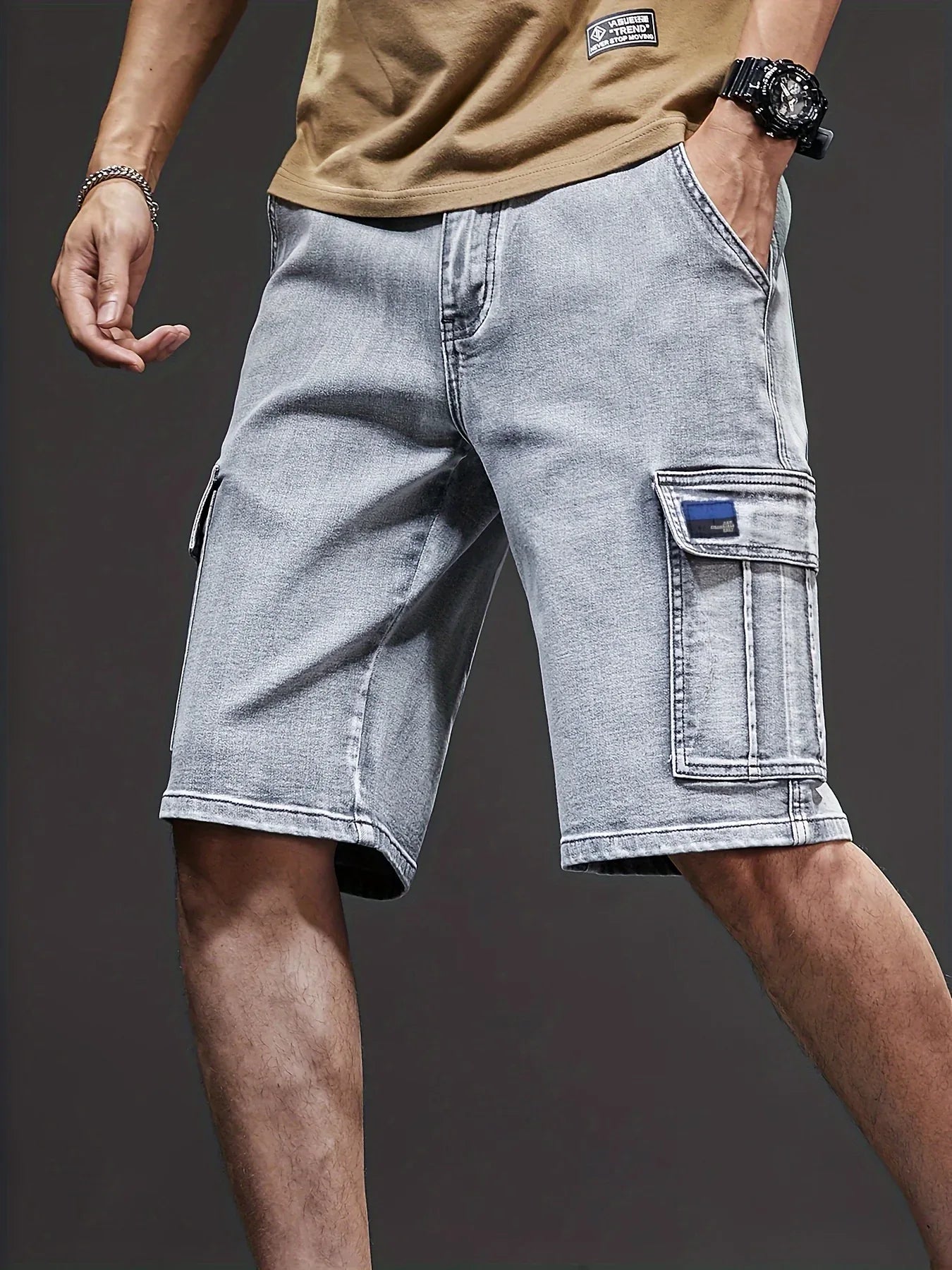 Men's Stretch Denim Shorts - Multi-Pocket Casual Streetwear with Knee-Length, Machine Washable Everyday & Formal Shorts for Urban Outfits - Non-See-Through Denim Construction