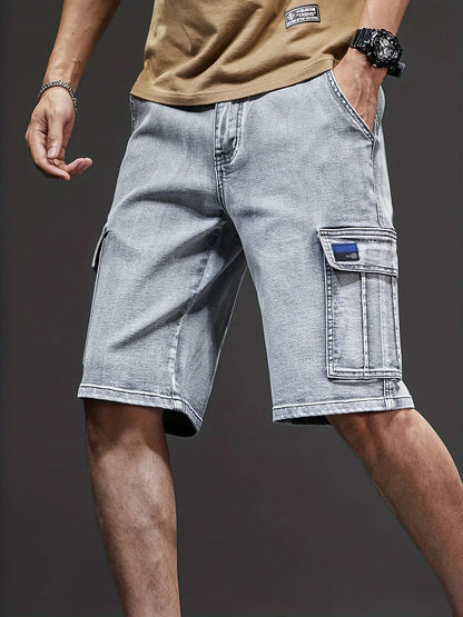 Men's Stretch Denim Shorts - Multi-Pocket Casual Streetwear with Knee-Length, Machine Washable Everyday & Formal Shorts for Urban Outfits - Non-See-Through Denim Construction