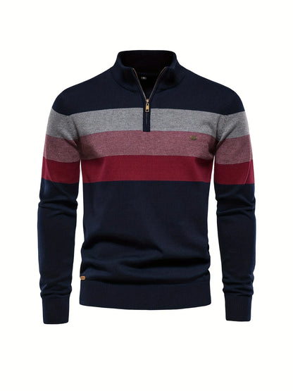 Men'S Thermal Stand Collar Sweater - Winter Knit Sweater with Zipper Closure, Black/Blue/Gray Horizontal Stripes, Regular Fit Pullover for Cold Weather, Formal & Everyday Outfits - Easy Care Sweater for Men, Sweater Zip Up, C