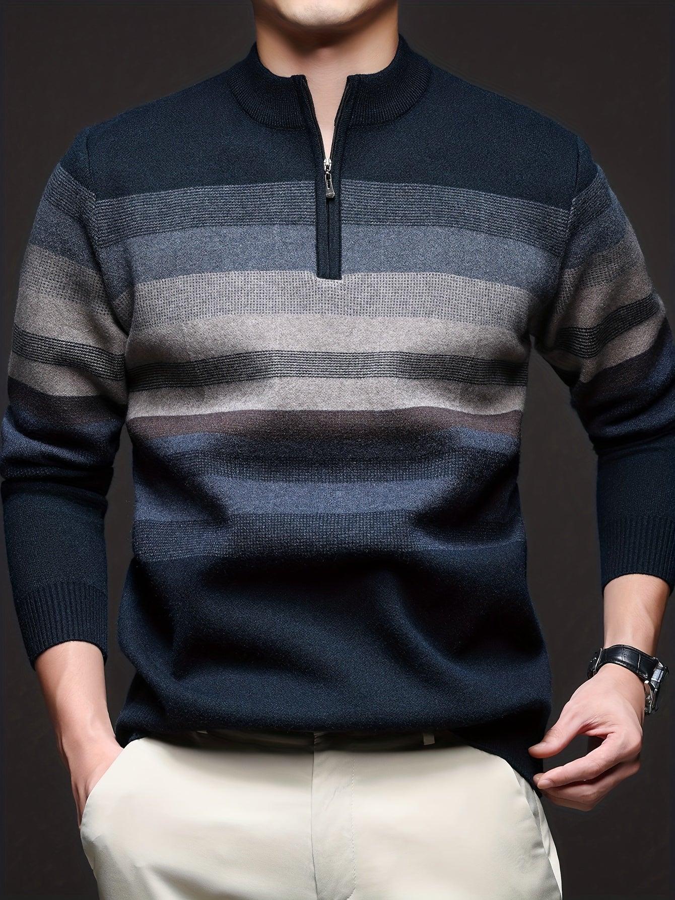 Men's Heavyweight Striped Mandarin Collar Zipper Sweater Jacket - Half-Zip Winter Knit Coat with Fish Tail Hem, Multi-Color (Navy/Beige/Tan/Brown/) for Casual, Outdoor & Holiday Events - Hand Washable Warm Blazer