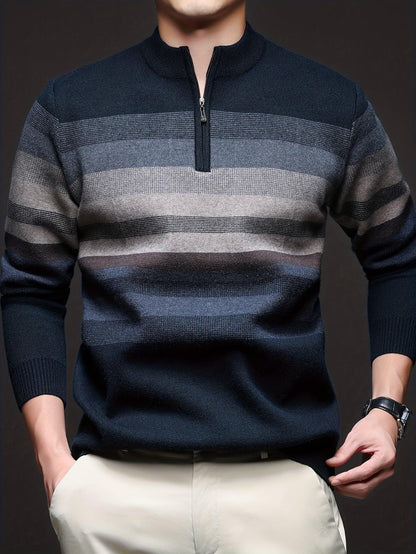 Men's Heavyweight Striped Mandarin Collar Zipper Sweater Jacket - Half-Zip Winter Knit Coat with Fish Tail Hem, Multi-Color (Navy/Beige/Tan/Brown/) for Casual, Outdoor & Holiday Events - Hand Washable Warm Blazer