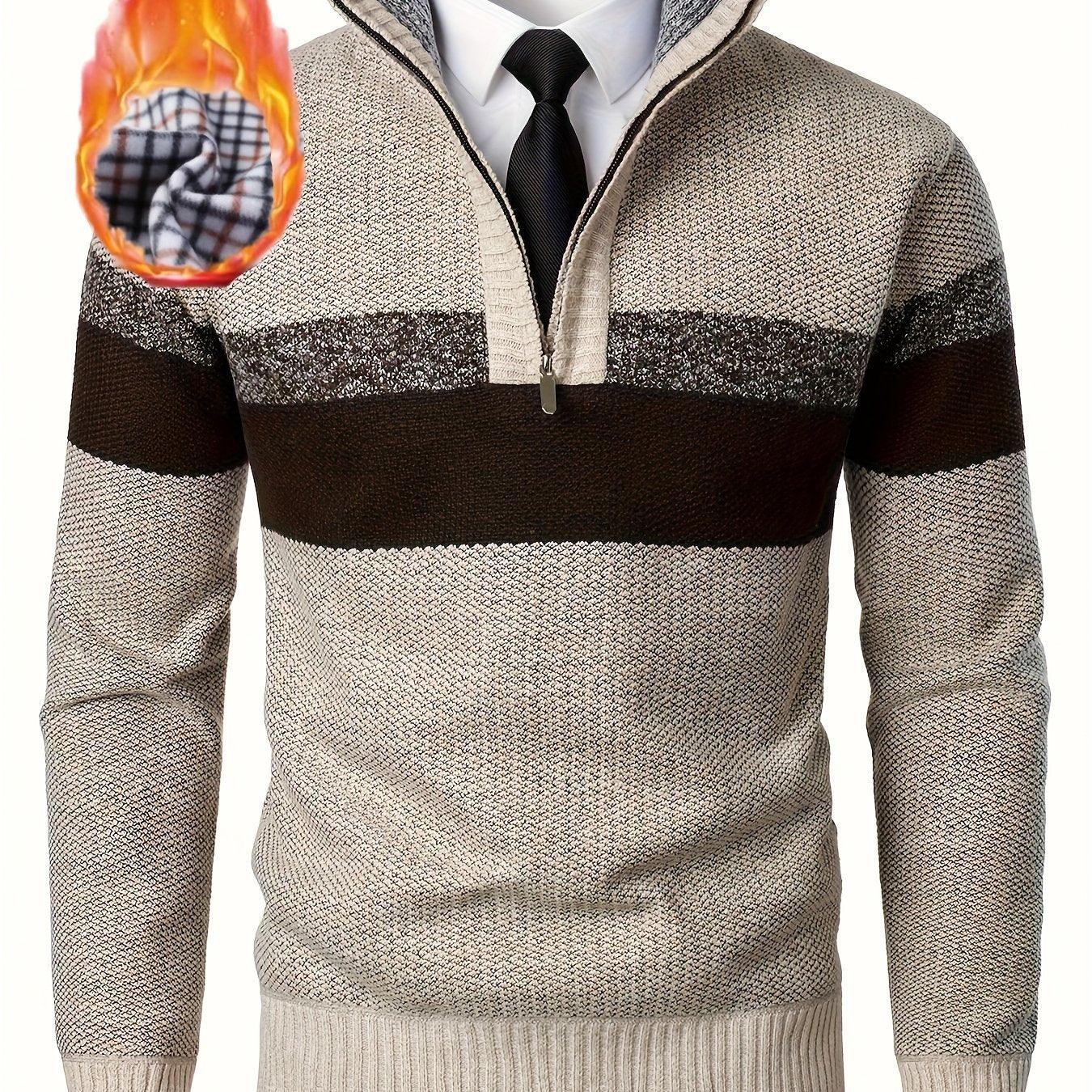 Men'S Color-Blocked Stand Collar Thickened Knitted Pullover Sweater