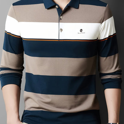 Men'S Long Sleeve Shirt - Formal & Casual Button-Up Shirt with Dark Green & Beige Horizontal Stripes, Button-Front Placket, Non-Stretch Fabric for Office, Golf, Casual Attire - Spring/Fall Wardrobe Essential, Spring Fashion,