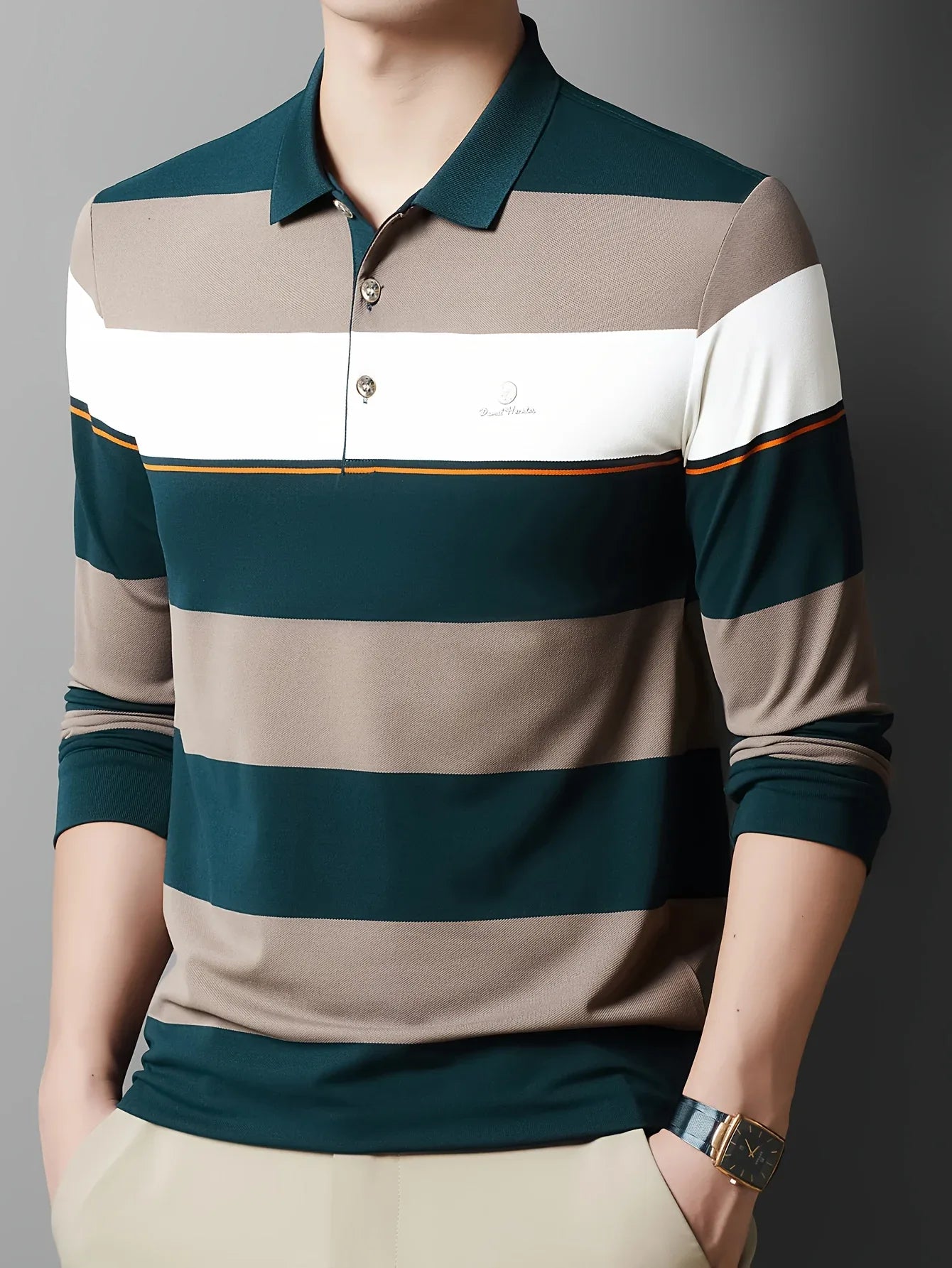 Men'S Long Sleeve Shirt - Formal & Casual Button-Up Shirt with Dark Green & Beige Horizontal Stripes, Button-Front Placket, Non-Stretch Fabric for Office, Golf, Casual Attire - Spring/Fall Wardrobe Essential, Spring Fashion,