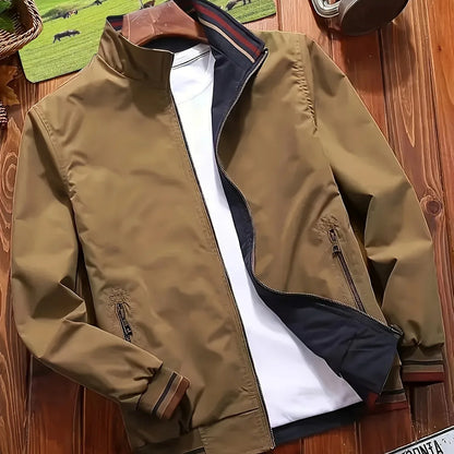 Men'S All-Season Casual Double-Sided Zip-Up Jacket with Stand Collar - Relaxed Fit Olive Green & Navy Blue Two-Tone Design, Front Zipper Closure, Functional Pockets, Durable Fabric for Casual Attire, Lightweight Layering, Mod