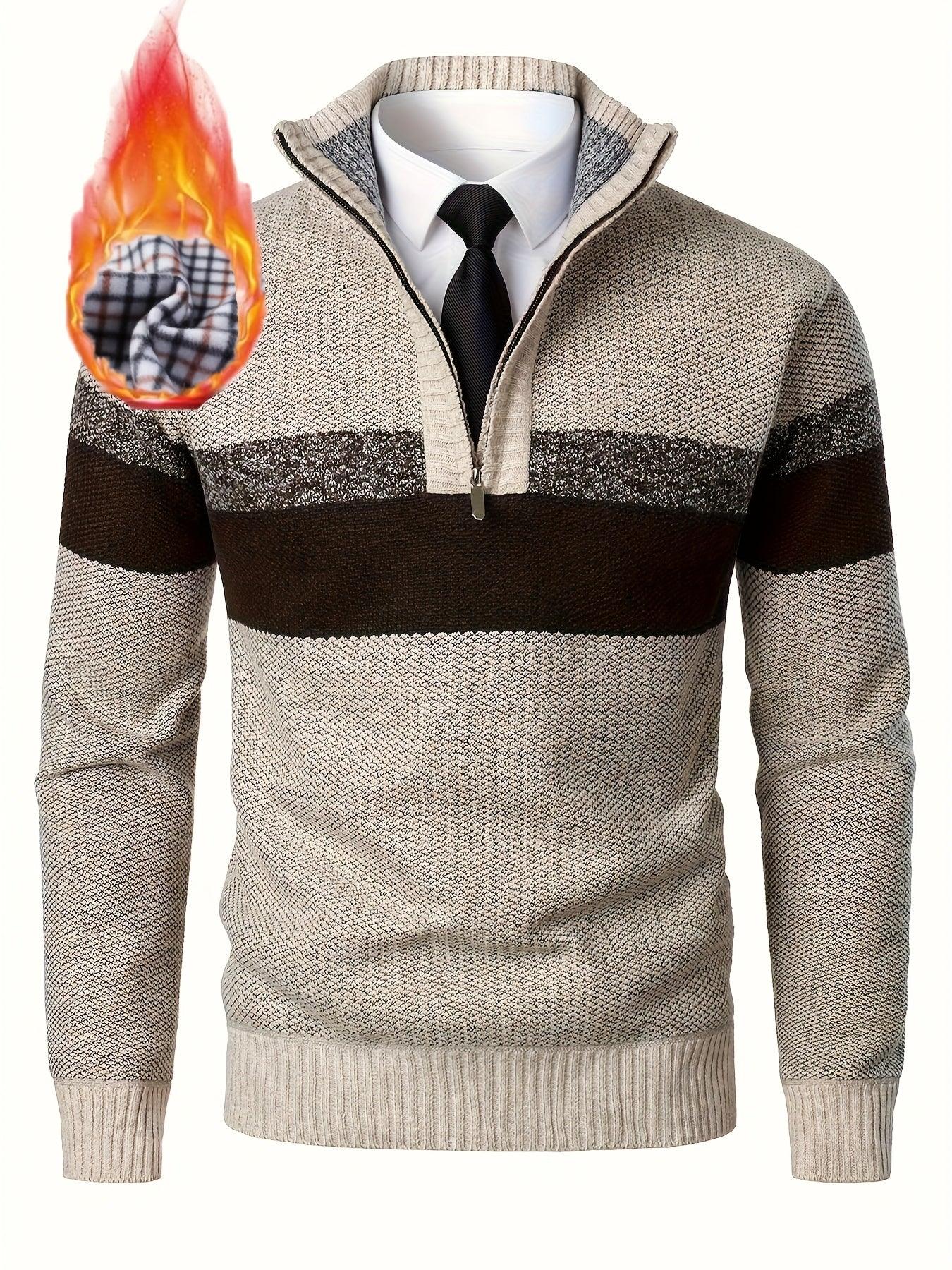 Men'S Color-Blocked Stand Collar Thickened Knitted Pullover Sweater