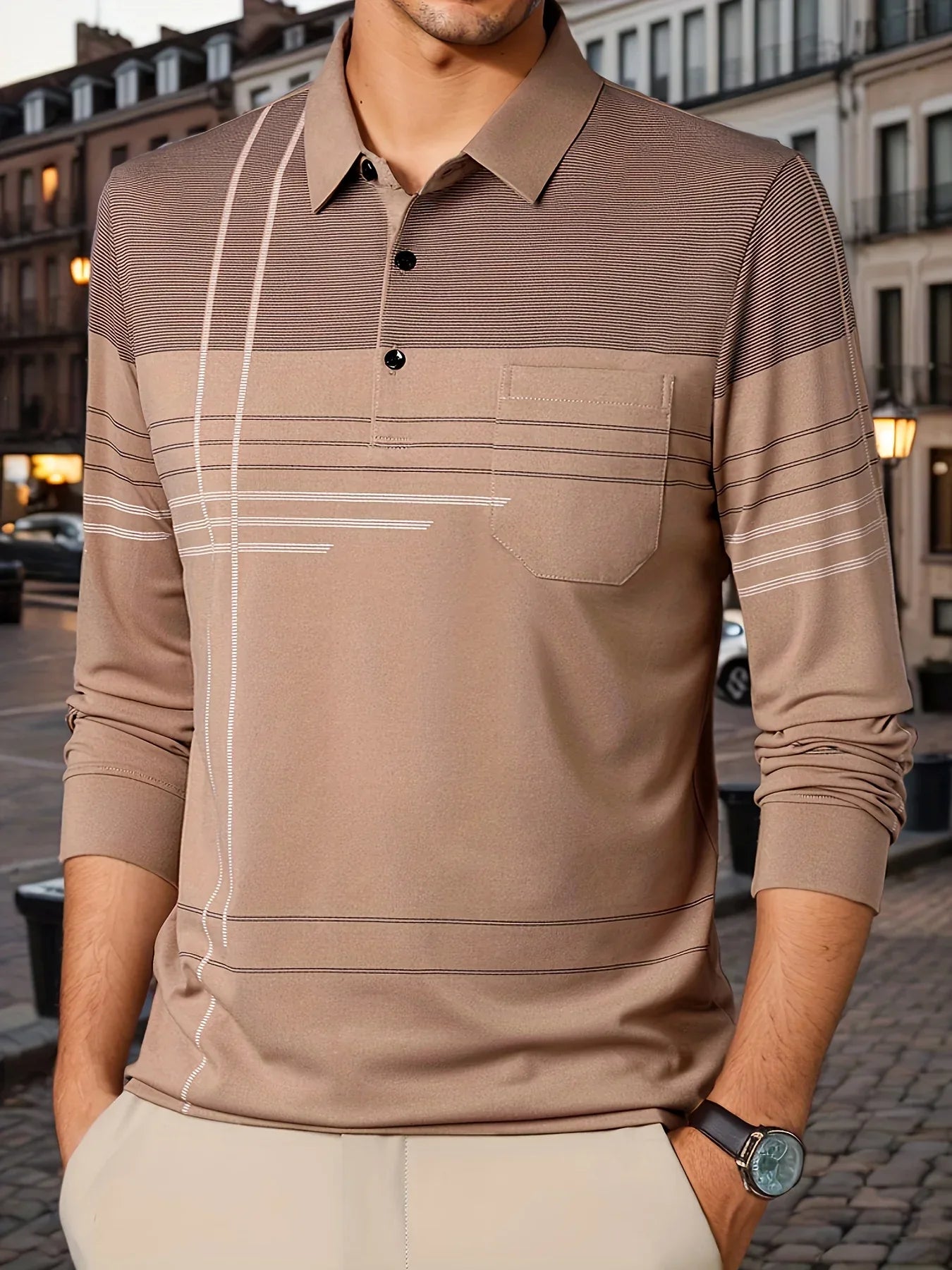 Men's Vintage-Inspired Striped Shirt with Chest Pocket - Breathable, Long Sleeve, Button Detail for Golf & Outdoor Activities