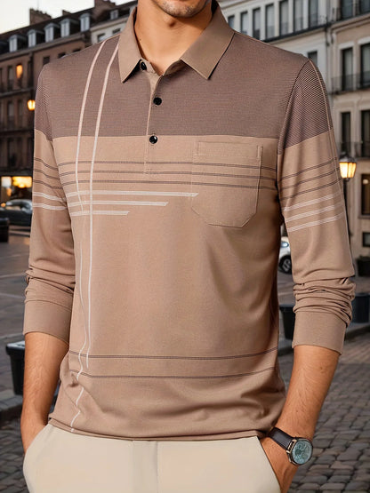 Men's Vintage-Inspired Striped Shirt with Chest Pocket - Breathable, Long Sleeve, Button Detail for Golf & Outdoor Activities