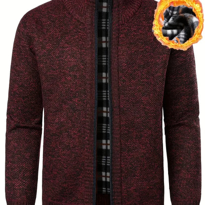 Men'S Thick Fleece Zip-Up Cardigan - Casual Long Sleeve Knit Sweater with Stand Collar, Solid Color, Regular Fit for Fall/Winter, Comfortable Layering Piece, Winter Cardigan, Autumn Outerwear, Modern Casualwear, Durable Fabri