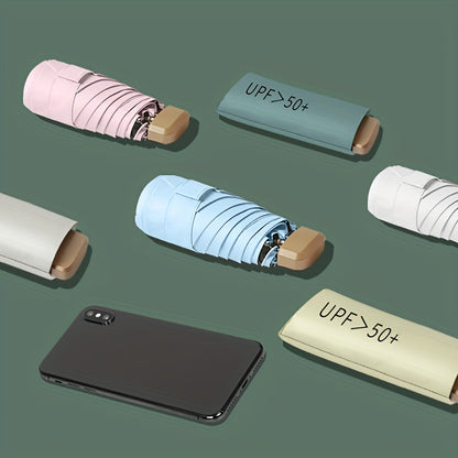 Compact 6-Rib Mini Folding Umbrella - Lightweight Durable Aluminum Alloy Handle & Frame, Manual Open/Close, Stylish Portable Design for Sun & Rain, Available in Pink, Blue, White, Gray - Cute Rain Gear with PVC Umbrella