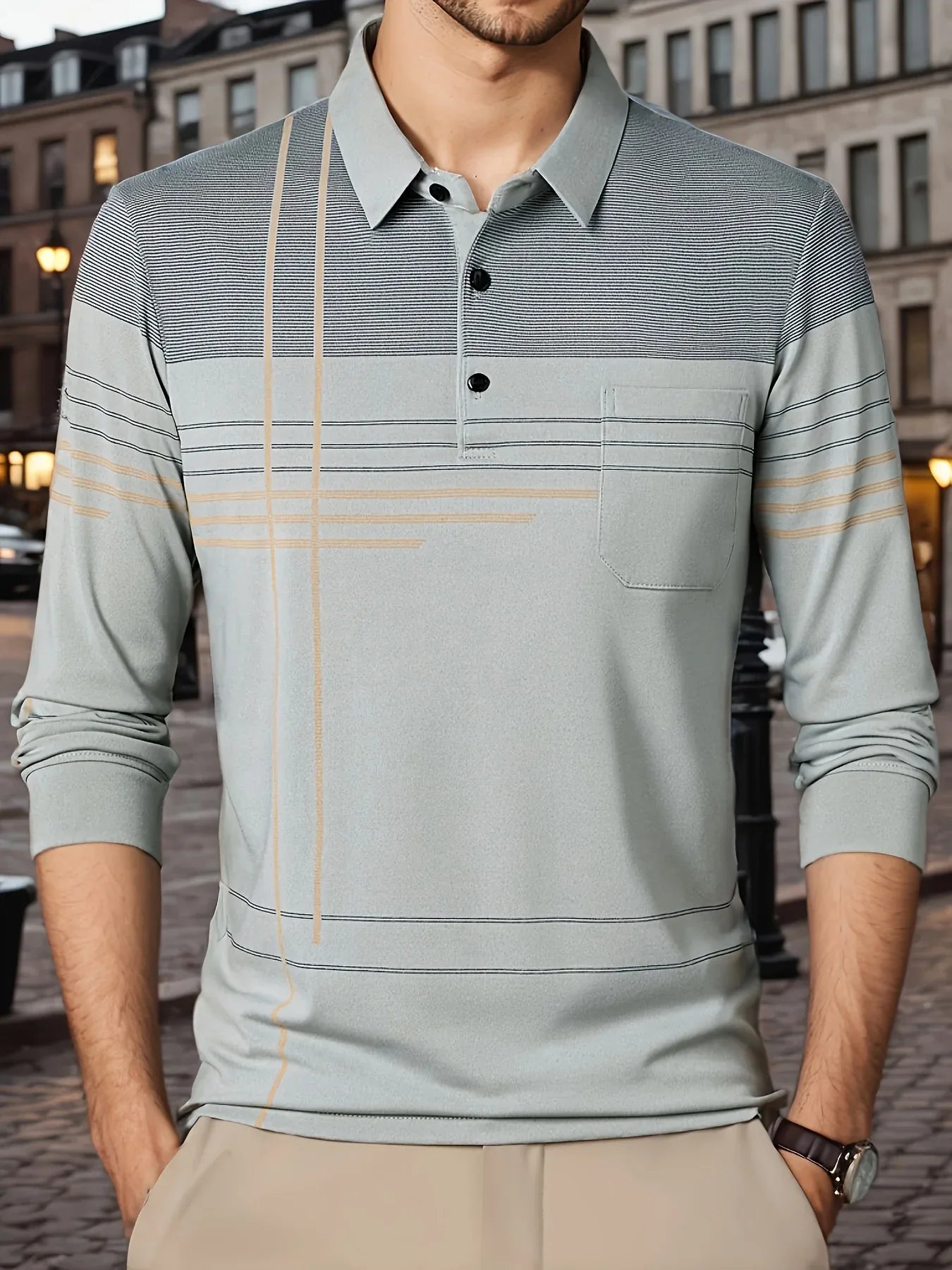 Men's Vintage-Inspired Striped Shirt with Chest Pocket - Breathable, Long Sleeve, Button Detail for Golf & Outdoor Activities