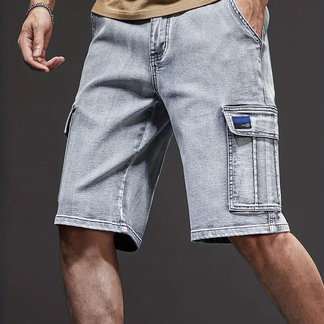 Men's Stretch Denim Shorts - Multi-Pocket Casual Streetwear with Knee-Length, Machine Washable Everyday & Formal Shorts for Urban Outfits - Non-See-Through Denim Construction