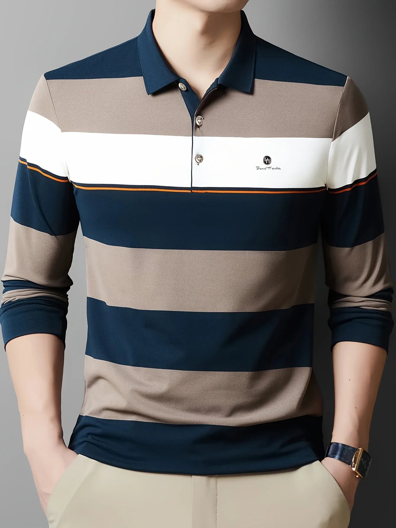 Men'S Long Sleeve Shirt - Formal & Casual Button-Up Shirt with Dark Green & Beige Horizontal Stripes, Button-Front Placket, Non-Stretch Fabric for Office, Golf, Casual Attire - Spring/Fall Wardrobe Essential, Spring Fashion,