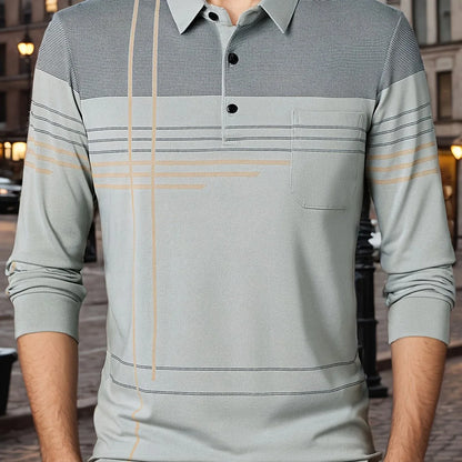 Men's Vintage-Inspired Striped Shirt with Chest Pocket - Breathable, Long Sleeve, Button Detail for Golf & Outdoor Activities