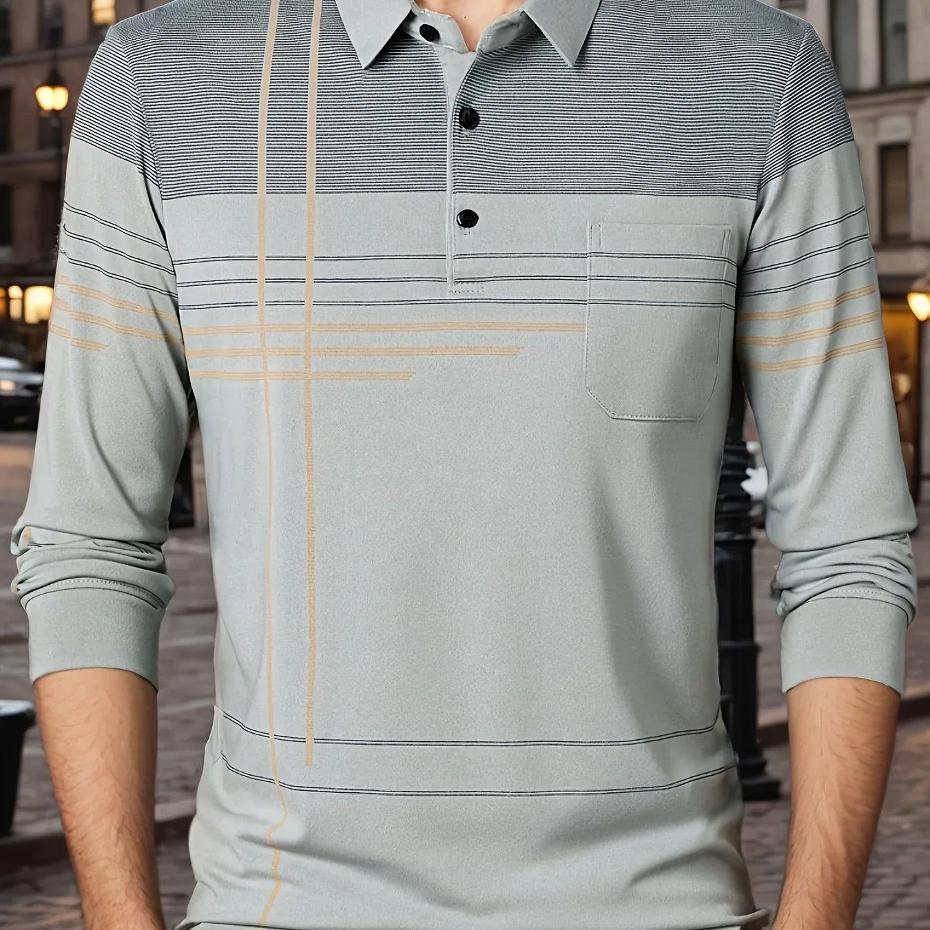 Men's Vintage-Inspired Striped Shirt with Chest Pocket - Breathable, Long Sleeve, Button Detail for Golf & Outdoor Activities