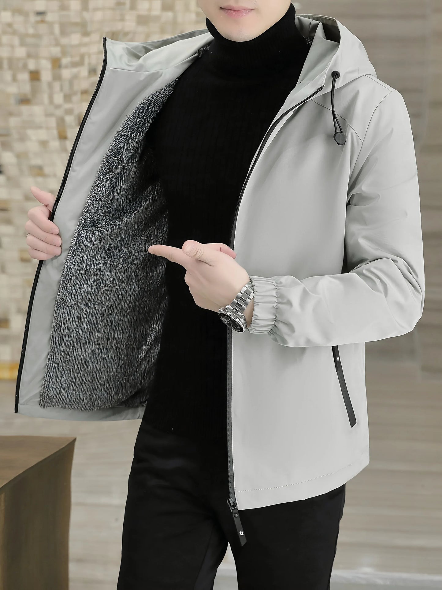 Men'S Heavy-Duty Fleece Jacket - Windproof Zip-Up Coat with Full-Zip Closure, Hooded Winter Coat for Cold Weather, Non-Stretch Fabric for Everyday & Formal Events