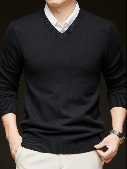Cross-Border New Autumn Winter Men'S Solid Color V-Neck Knit Sweater Pullover (Men'S Warm Top)