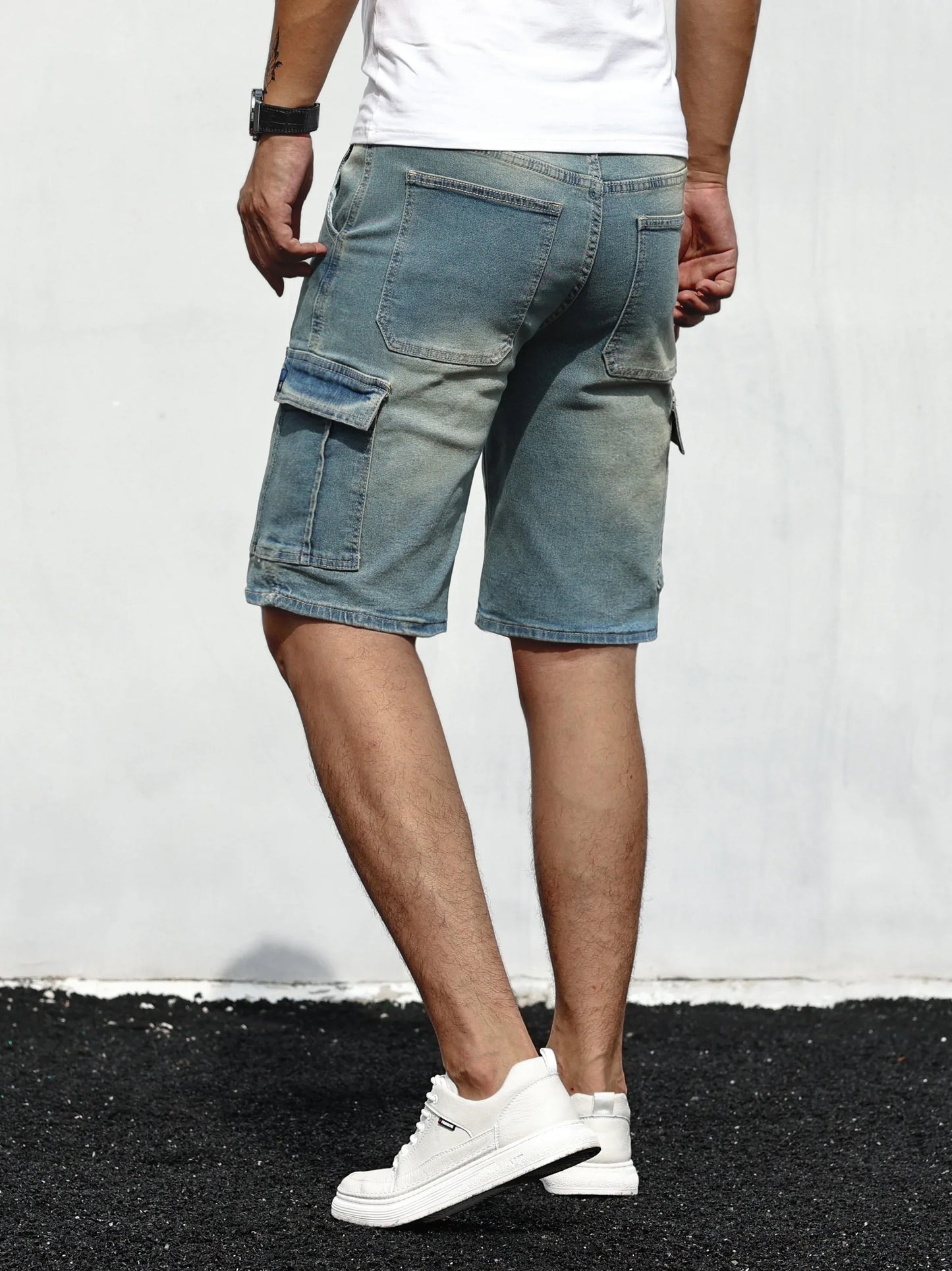 Men's Stretch Denim Shorts - Multi-Pocket Casual Streetwear with Knee-Length, Machine Washable Everyday & Formal Shorts for Urban Outfits - Non-See-Through Denim Construction