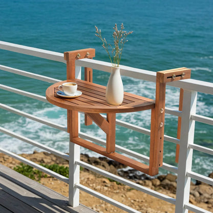 25in Hangable Folding Square/Semi-Round Acacia Wood Patio Side Table - Space-Saving Foldable Design with Storage Shelf, Weather-Resistant for Deck, Balcony, Garden Outdoor Furniture, Outdoor Patio Furniture, Balcony Decor, Rustic Style, Sturdy Constructio - Montero Milan