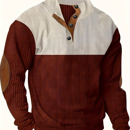 Men's Contrast Color Long Sleeve And Stand Collar Henley Shirt With Patchwork Pieces, Chic And Trendy Tops For Spring And Autumn Outdoors Leisurewear