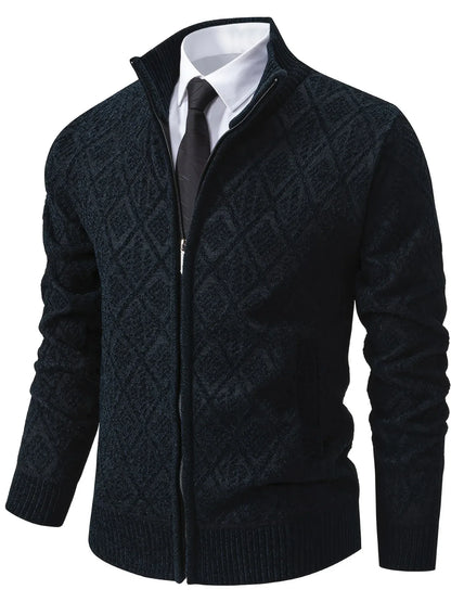 Men's Knitted Sweater Korean Style Autumn and Winter Trendy Casual Stand Collar Cardigan Jacket for Men, Comfortable and Versatile Rhombus Pattern
