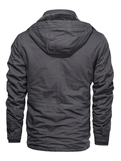 Men'S Thickened Warm Mid-Length Heavyweight Jacket with Detachable Hood - Multiple Zippered Pockets, Casual Outdoor Workwear, Polyester Lined, Button-Up Front, Regular Fit for Cold Weather, Winter Outerwear | Functional Desig