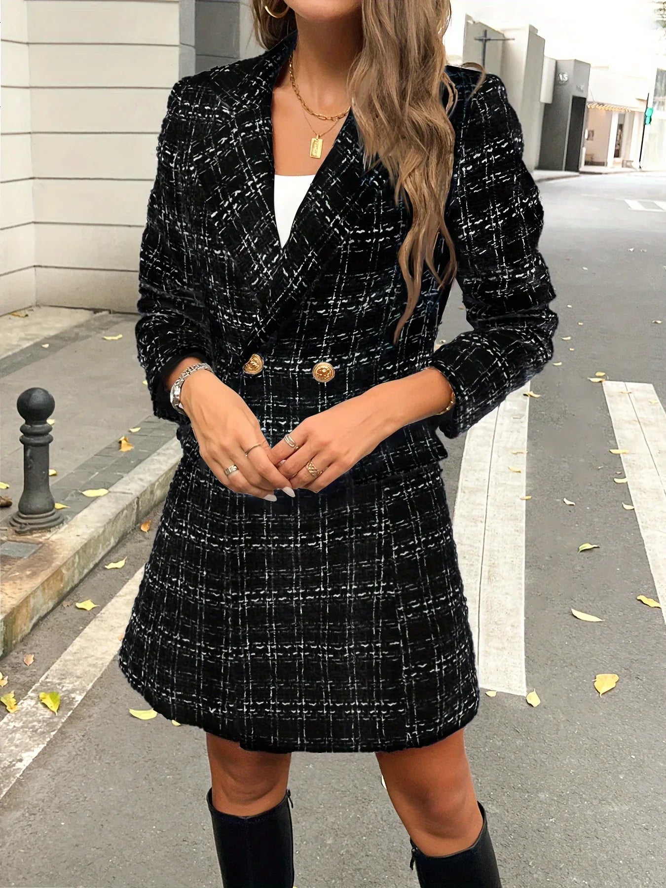 European and American Women's Versatile Plaid Metal Buckle Lapel Faux Pocket Elegant Coat
