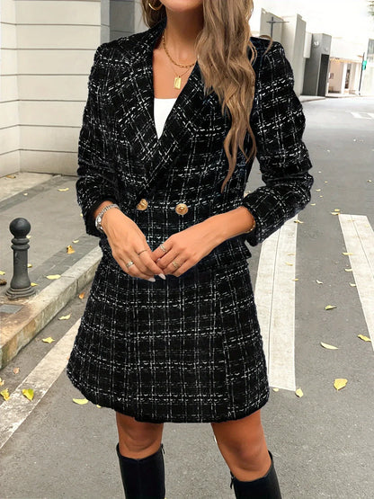 European and American Women's Versatile Plaid Metal Buckle Lapel Faux Pocket Elegant Coat
