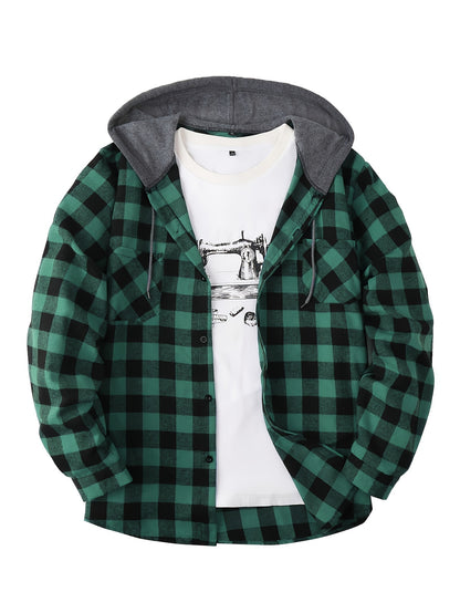 Men's Fashion Hooded Plaid Trendy Shirt Hooded Plaid Sweatshirt, Autumn/Winter Essentials, New Season