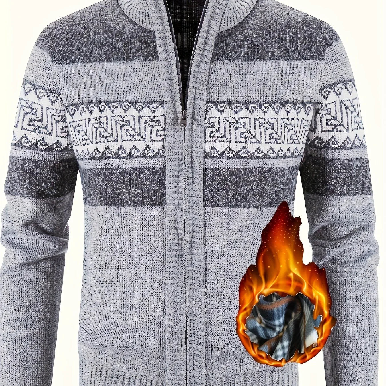 Men's Thermal Fleece-Lined Sport Knit Sweater with Zipper Pockets - Ethnic Wave Pattern, Stand Collar, Long Sleeve for Hiking, Cycling & Casual Winter Wear - Father’s Day Gift, Winter Knit Fabric