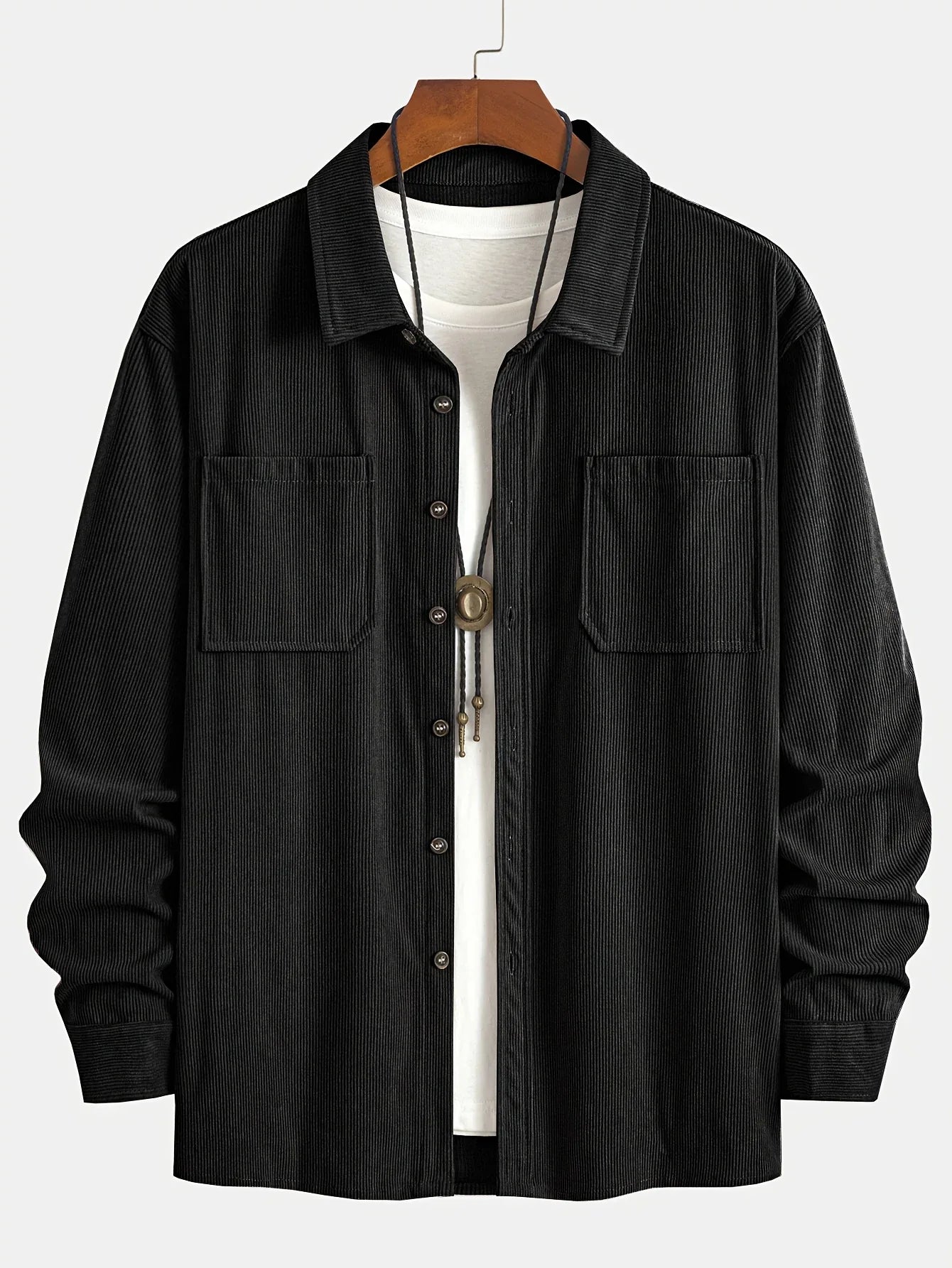 Men'S Corduroy Casual Shirt Jacket - Classic Collar, Button-Up Long Sleeve with Double Chest Pockets, Light Blue, Perfect for Spring & Fall, Everyday Fashion, Street Style, and Office Wear