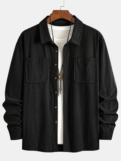Men'S Corduroy Casual Shirt Jacket - Classic Collar, Button-Up Long Sleeve with Double Chest Pockets, Light Blue, Perfect for Spring & Fall, Everyday Fashion, Street Style, and Office Wear