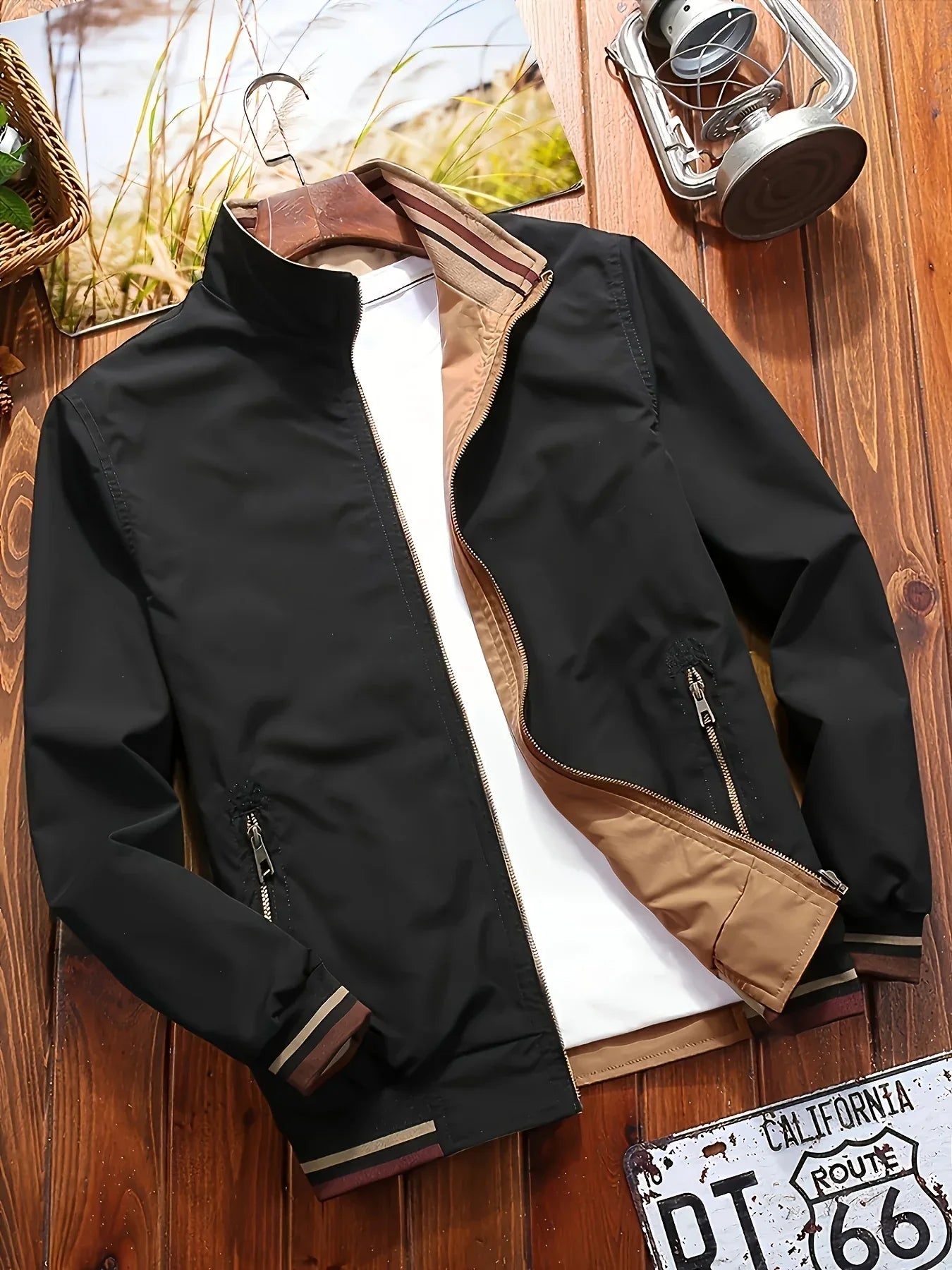 Men'S All-Season Casual Double-Sided Zip-Up Jacket with Stand Collar - Relaxed Fit Olive Green & Navy Blue Two-Tone Design, Front Zipper Closure, Functional Pockets, Durable Fabric for Casual Attire, Lightweight Layering, Mod