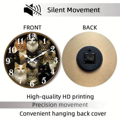 Charming CatThemed Rustic Wooden Wall Clock Battery Operated - Montero Milan