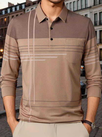 Men's Vintage-Inspired Striped Shirt with Chest Pocket - Breathable, Long Sleeve, Button Detail for Golf & Outdoor Activities