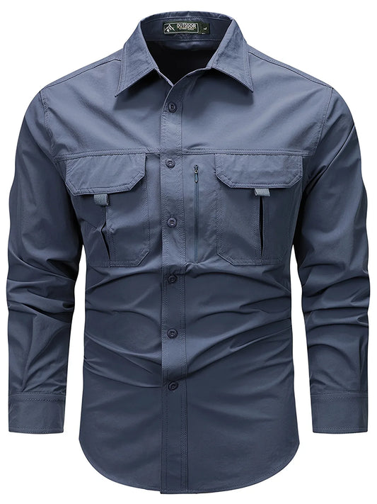 Spring And Autumn Casual Men's Long Sleeve Sunscreen Quick-drying Shirt With Multi-pockets For Outdoor Fishing