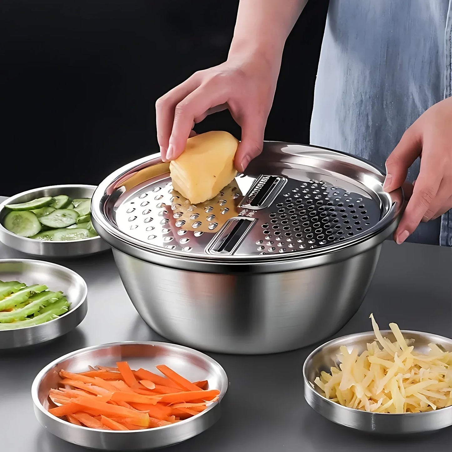 Montero Milan 3pcs HEROBABY Stainless Steel Kitchen Prep Set with Integrated Grinder, Multifunctional Filter & Mixing Bowl - Heavy-Duty 201 Grade Dishwasher- Drainage System for Slicing, Chopping Fruits, Vegetables, Cheese (All-in-One
