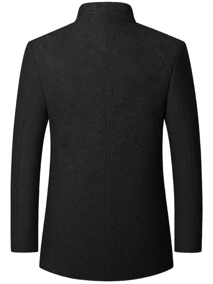Men's Tweed Jacket with Stand Collar - Winter Warm Casual Coat, Single-Breasted Button Front & Pockets, Solid Color Tweed Fabric (Hand Washable) for Outdoor, Office, Smart-Casual - Versatile Cold-Weather Outerwear
