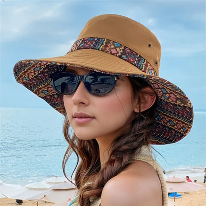 2-Way Adjustable Women's Bohemian Embroidered Sun Hat - Wide Brim Windproof Fisherman Hat with Vibrant Geometric Patterns, All-Season Outdoor Travel & Hiking Accessory for Beach, Mountaineering, Tourism, Fishing Hat, Mountain