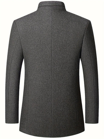 Men's Tweed Jacket with Stand Collar - Winter Warm Casual Coat, Single-Breasted Button Front & Pockets, Solid Color Tweed Fabric (Hand Washable) for Outdoor, Office, Smart-Casual - Versatile Cold-Weather Outerwear