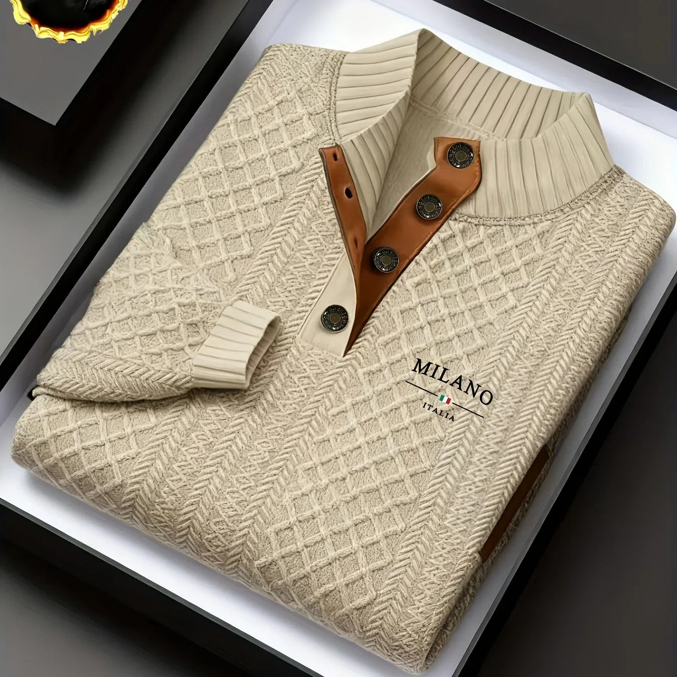 Men'S Autumn-Winter Christmas Stand Collar Jacquard Knit Sweater | Casual Style, 280g/m², High Collar, Button Details, Suitable for Outdoor Leisure and Holiday Gifts
